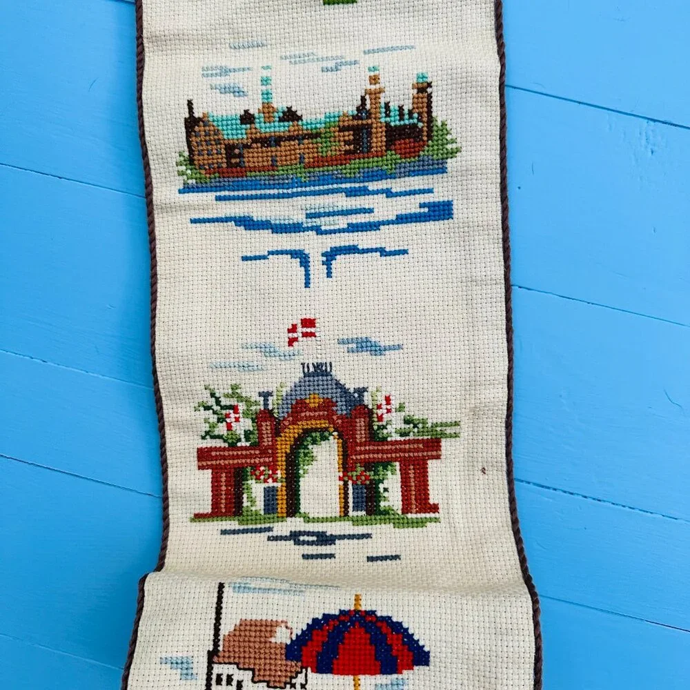 Vintage Embroidered Wall Hanging Tapestry Windmill Sailboat European Scenic 42